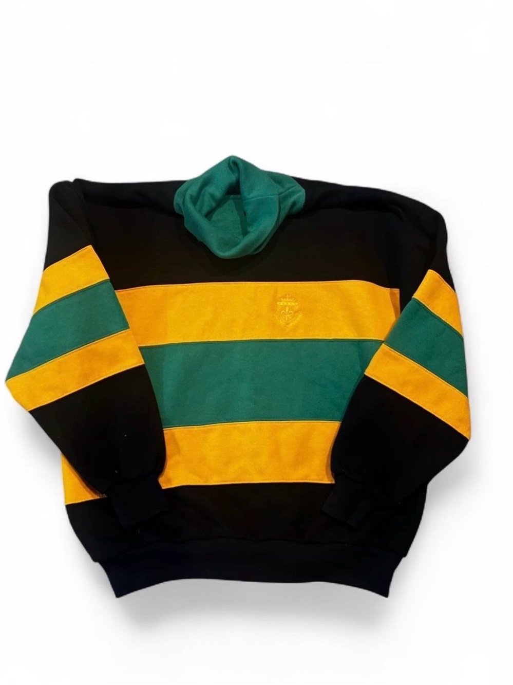 Navy Turtleneck Sweatshirt with Green & Gold Stripes